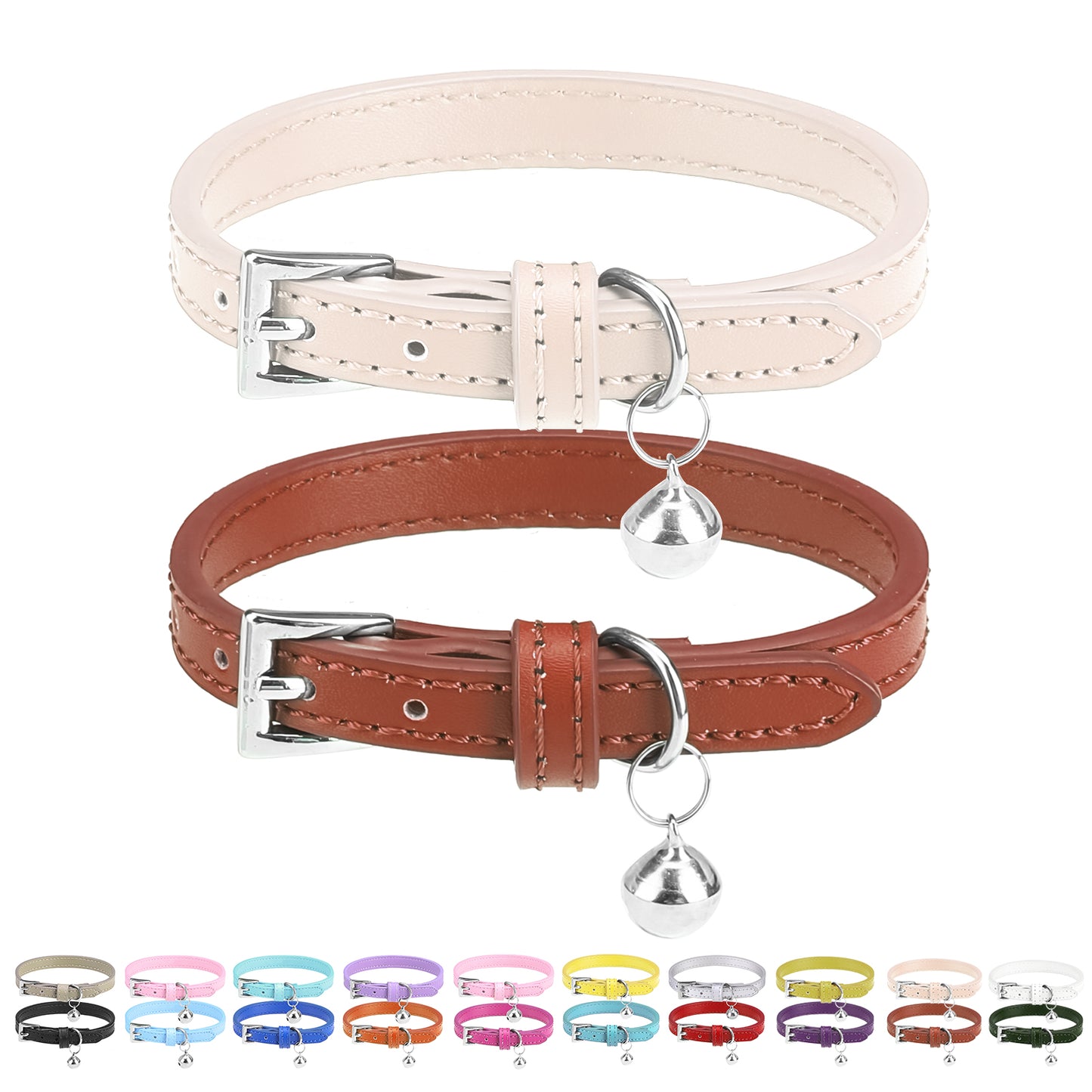 PUPTECK 2Pcs Cat Collar with Bell, Soft Leather Kitten Collar with Detachable Bell for Boy Girl Cats, Adjustable Breakaway Buckle Flea Collars for Safety, Cute Puppy Collars for Dog