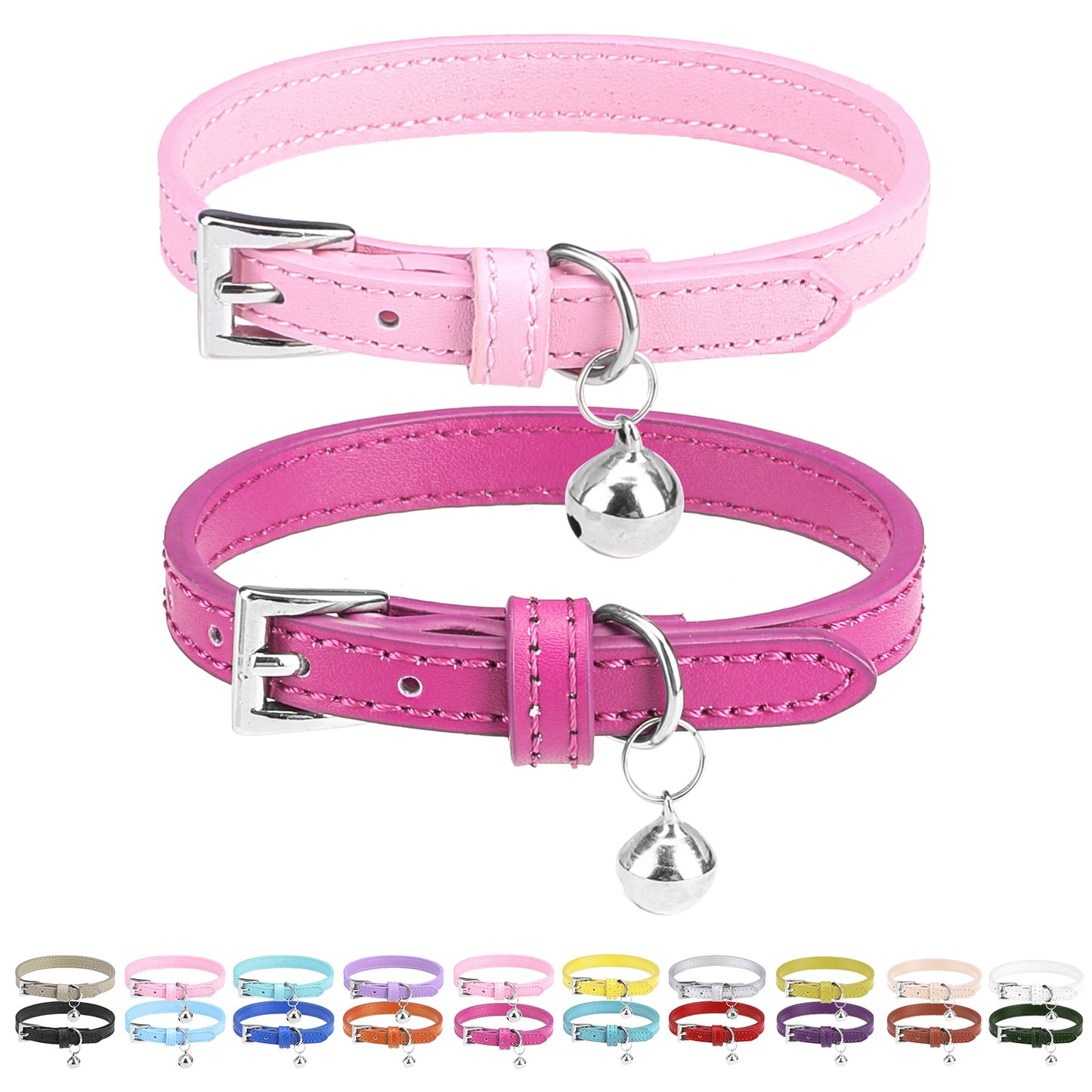 PUPTECK 2Pcs Cat Collar with Bell, Soft Leather Kitten Collar with Detachable Bell for Boy Girl Cats, Adjustable Breakaway Buckle Flea Collars for Safety, Cute Puppy Collars for Dog