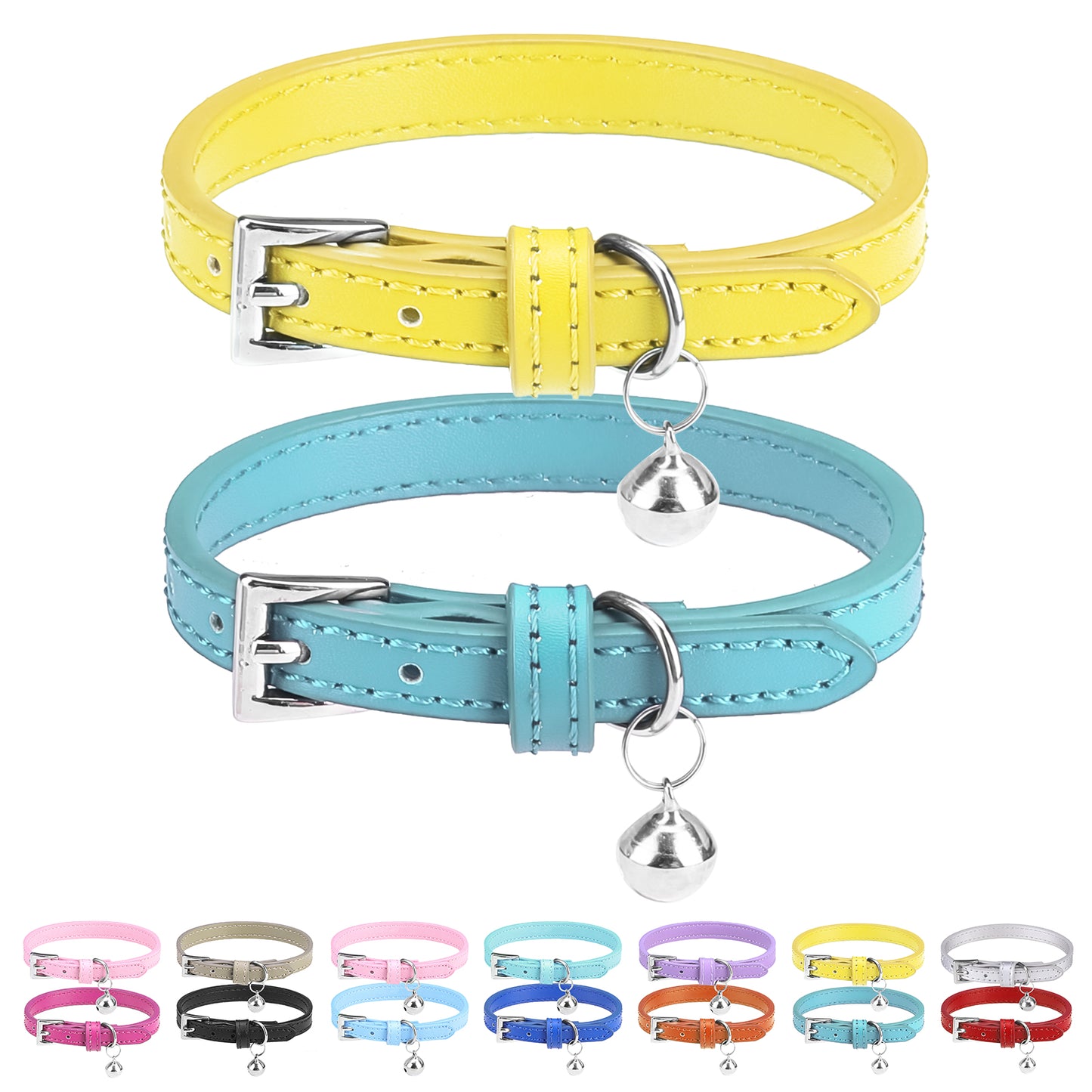 PUPTECK 2Pcs Cat Collar with Bell, Soft Leather Kitten Collar with Detachable Bell for Boy Girl Cats, Adjustable Breakaway Buckle Flea Collars for Safety, Cute Puppy Collars for Dog