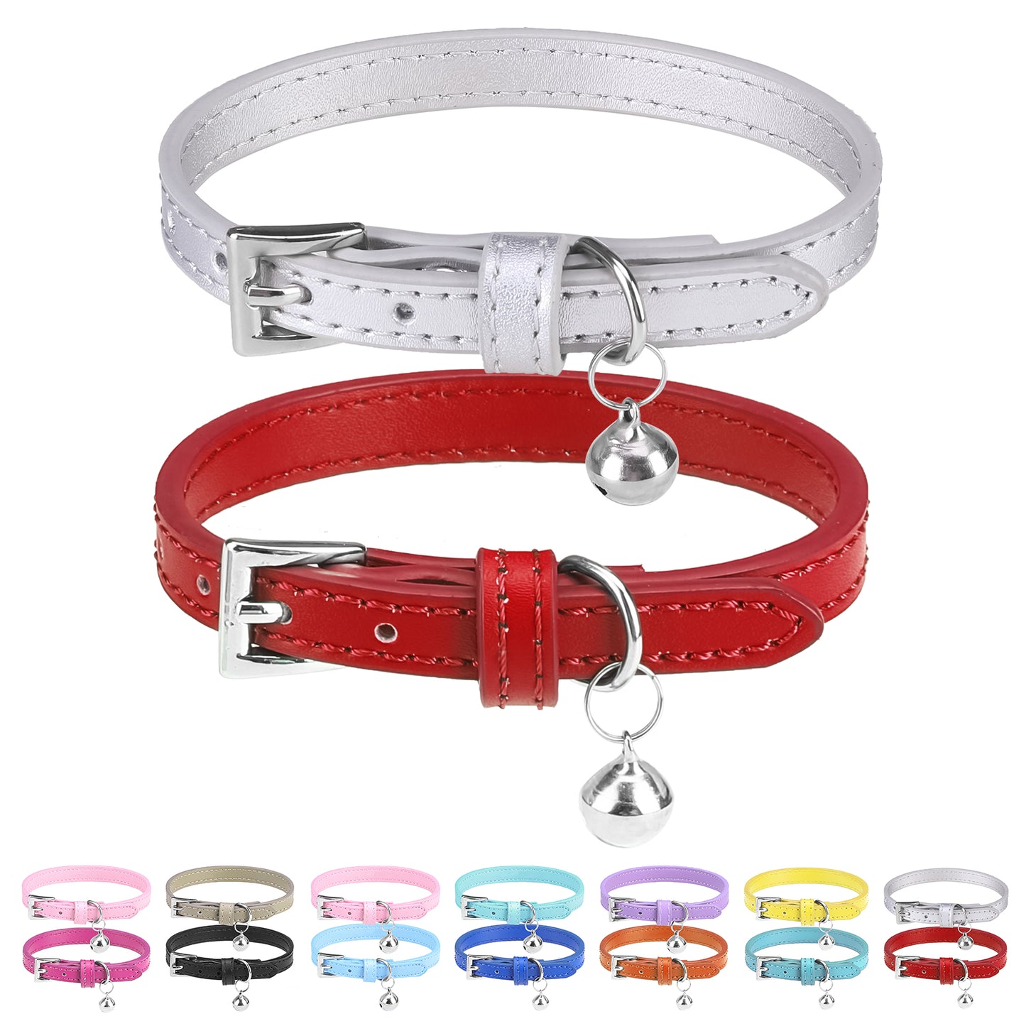 PUPTECK 2Pcs Cat Collar with Bell, Soft Leather Kitten Collar with Detachable Bell for Boy Girl Cats, Adjustable Breakaway Buckle Flea Collars for Safety, Cute Puppy Collars for Dog