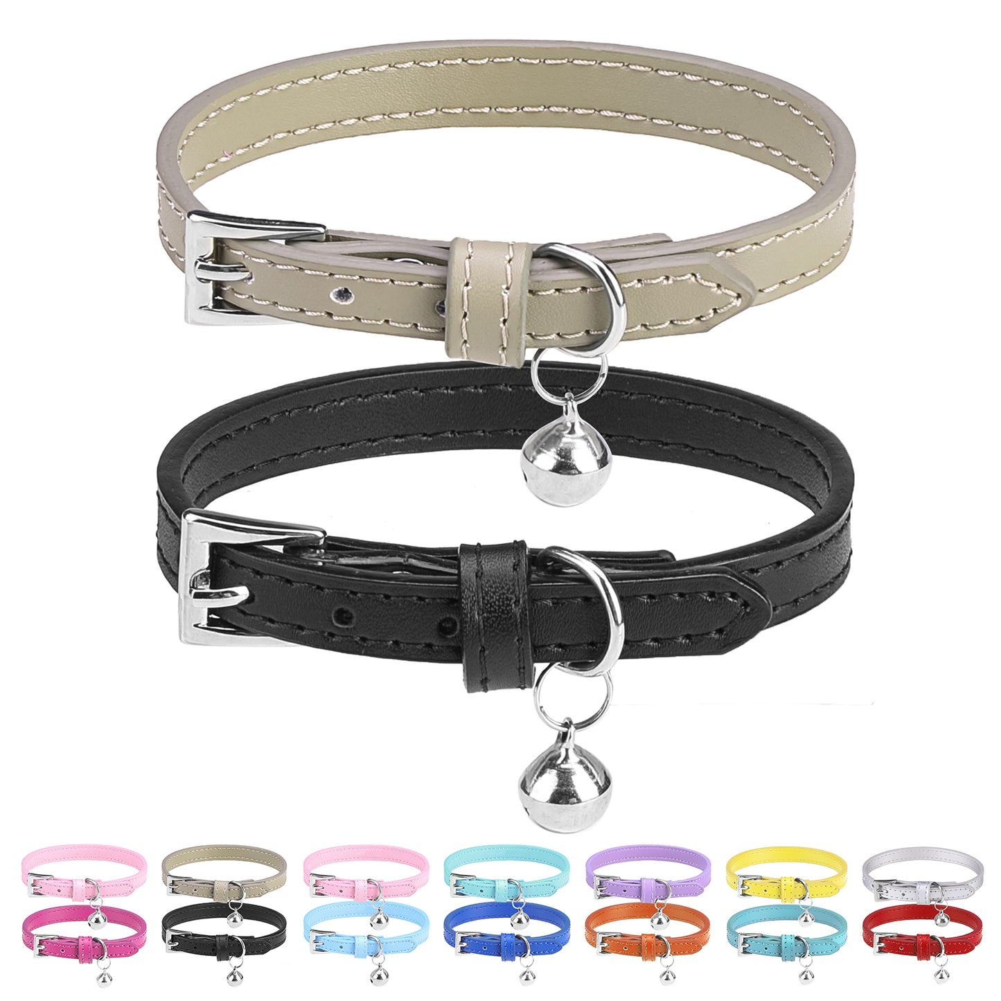 PUPTECK 2Pcs Cat Collar with Bell, Soft Leather Kitten Collar with Detachable Bell for Boy Girl Cats, Adjustable Breakaway Buckle Flea Collars for Safety, Cute Puppy Collars for Dog
