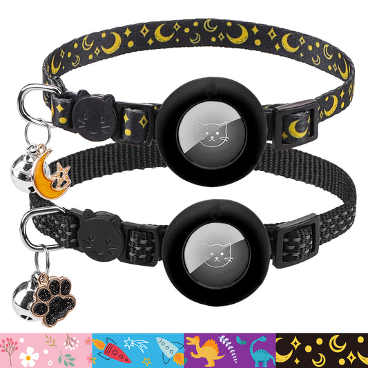 PUPTECK Airtag Cat Collar Breakaway 2 Pack with Bells, Reflective Kitten Collar with Air Tag Holder for Boy Girl Kitty and Puppies, Soft