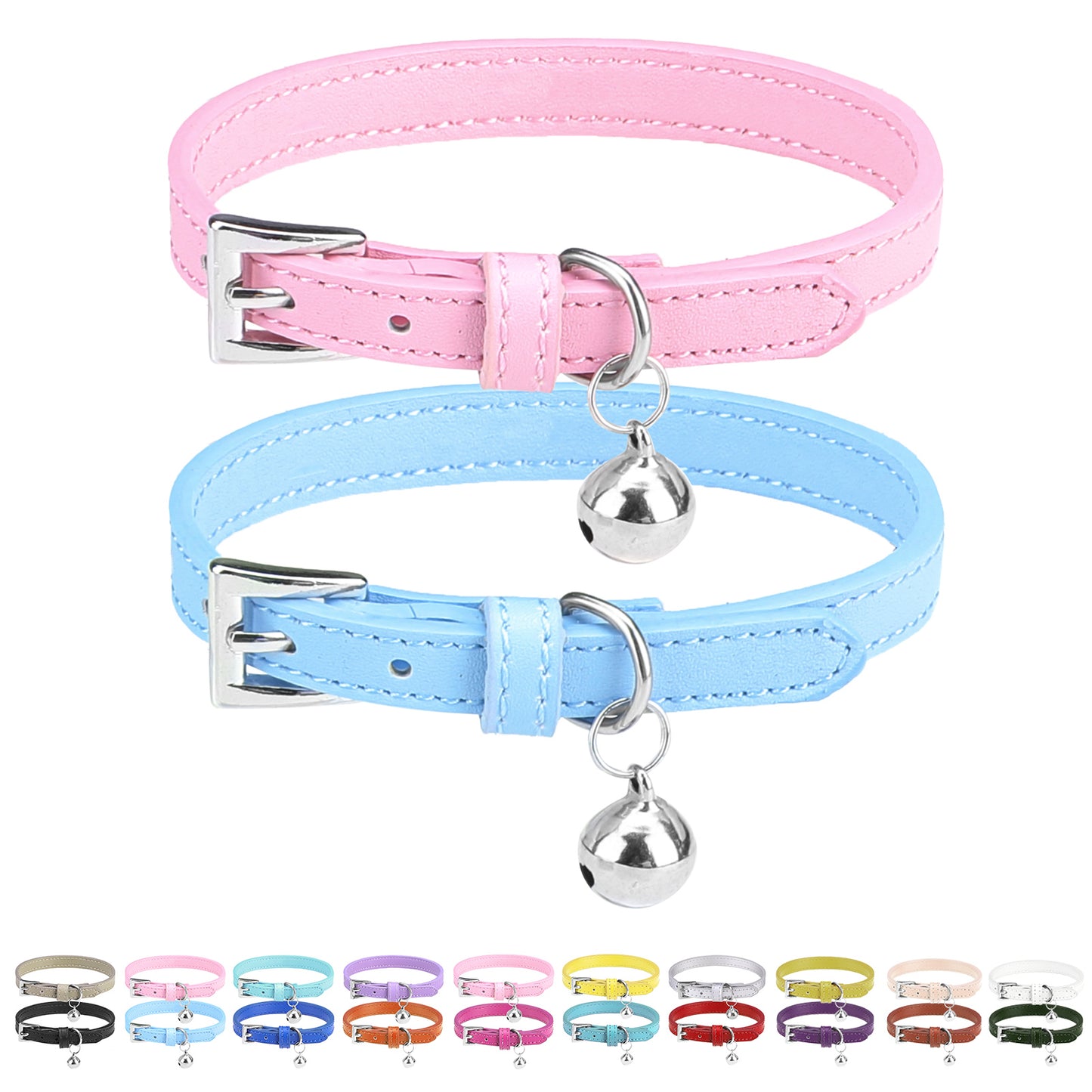 PUPTECK 2Pcs Cat Collar with Bell, Soft Leather Kitten Collar with Detachable Bell for Boy Girl Cats, Adjustable Breakaway Buckle Flea Collars for Safety, Cute Puppy Collars for Dog