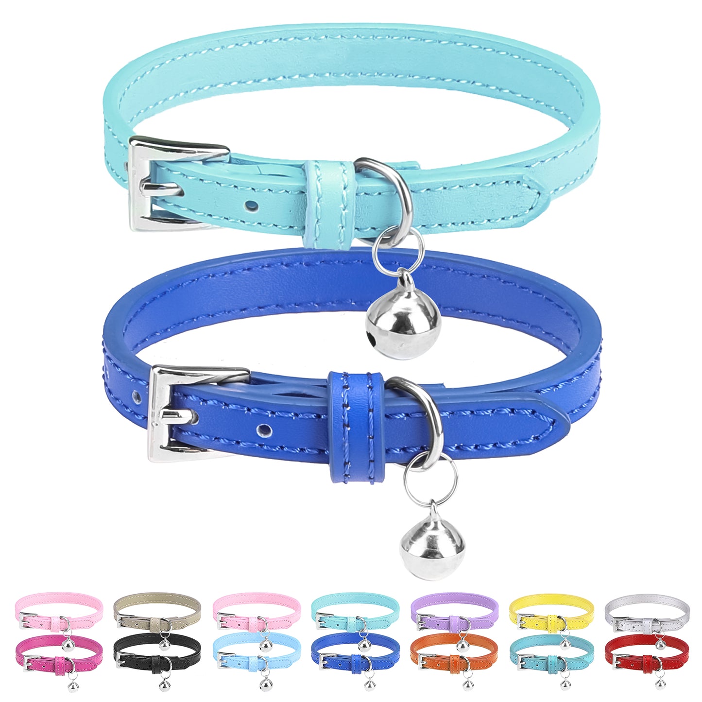 PUPTECK 2Pcs Cat Collar with Bell, Soft Leather Kitten Collar with Detachable Bell for Boy Girl Cats, Adjustable Breakaway Buckle Flea Collars for Safety, Cute Puppy Collars for Dog