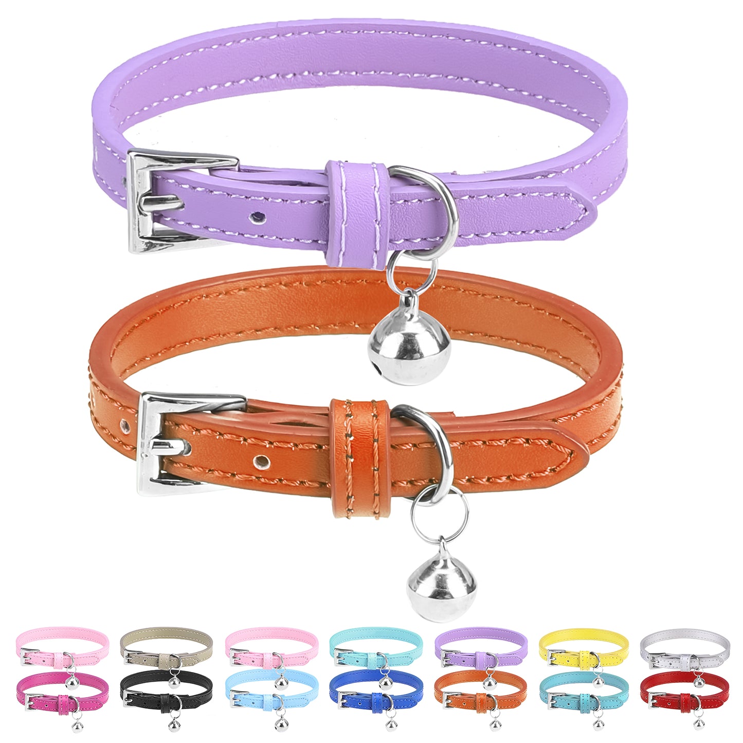 PUPTECK 2Pcs Cat Collar with Bell, Soft Leather Kitten Collar with Detachable Bell for Boy Girl Cats, Adjustable Breakaway Buckle Flea Collars for Safety, Cute Puppy Collars for Dog