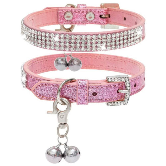 PUPTECK Adjustable Cat Collar with Bling Diamante & Double Bells - Kitten Collar with Bell for Small Puppies, Stylish Shiny Design for Girl Dogs