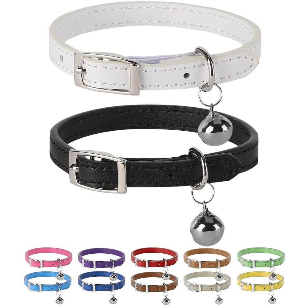 PUPTECK 2Pcs Cat Collar with Bell, Soft Leather Kitten Collar with Detachable Bell for Boy Girl Cats, Adjustable Breakaway Buckle Flea Collars for Safety, Cute Puppy Collars for Dog