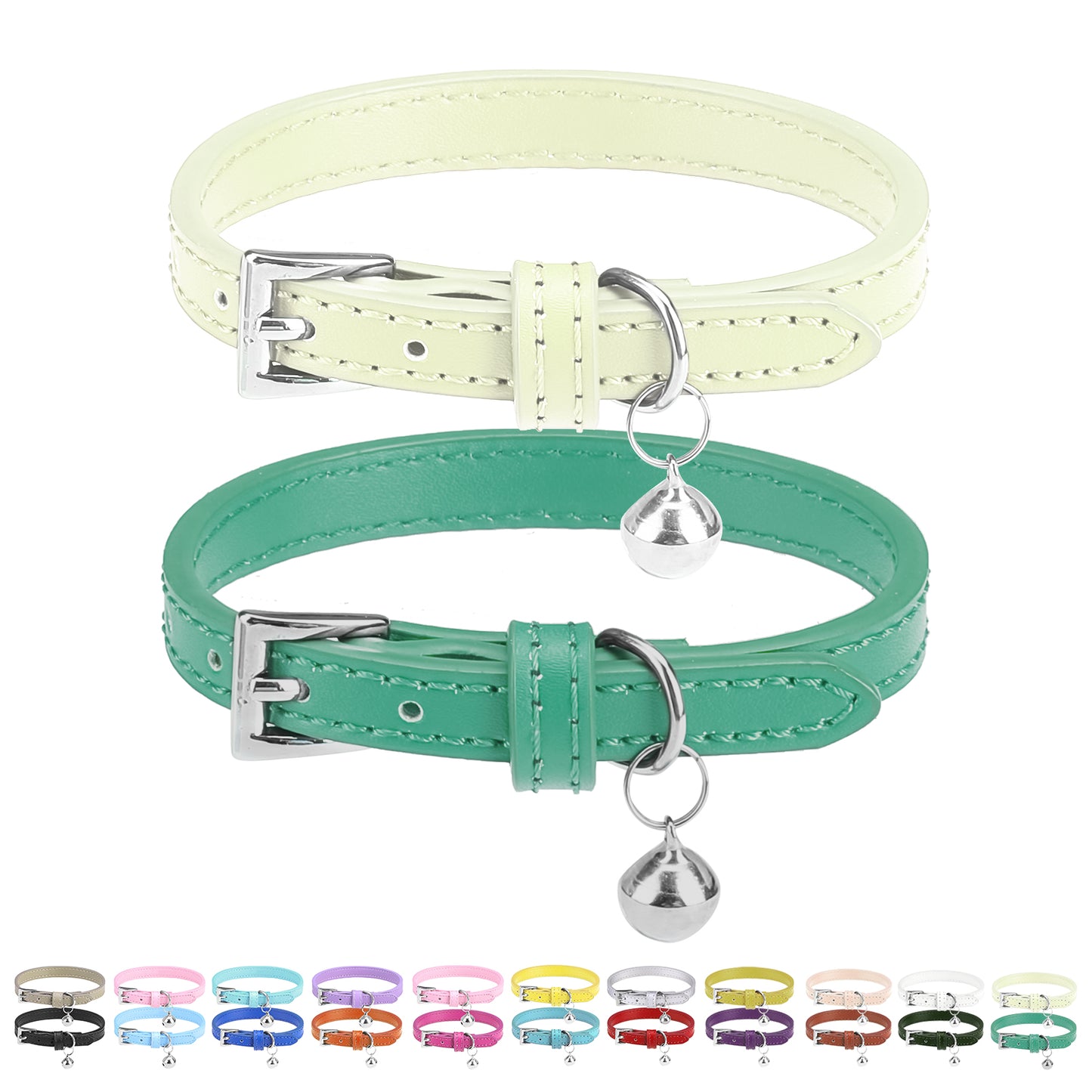 PUPTECK 2Pcs Cat Collar with Bell, Soft Leather Kitten Collar with Detachable Bell for Boy Girl Cats, Adjustable Breakaway Buckle Flea Collars for Safety, Cute Puppy Collars for Dog