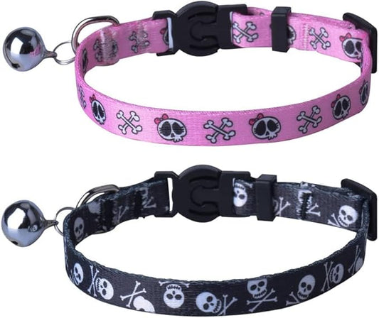 PUPTECK Breakaway Cat Collar with Bell Charm, 2 Packs Adjustable Kitty Collars Pink & Black Skull Pattern, 7.8-11.8 in