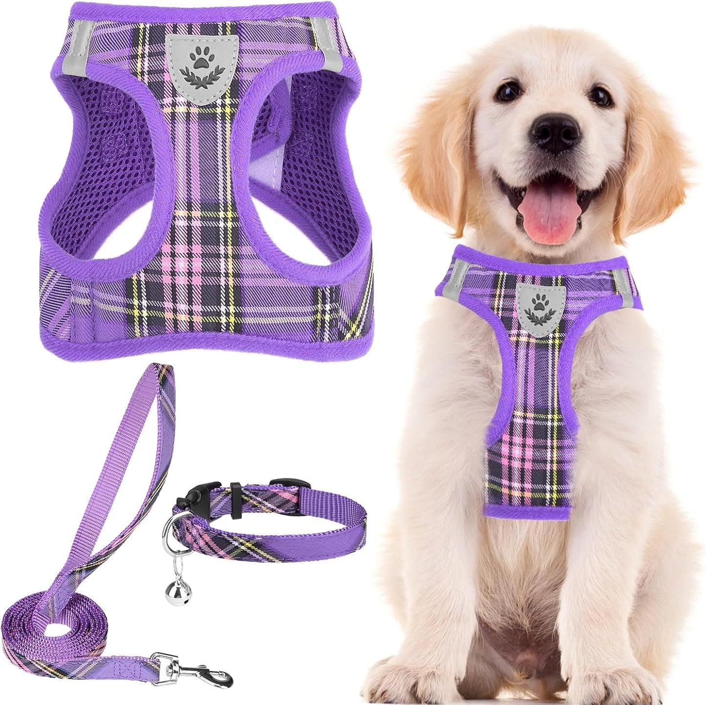 PUPTECK Adjustable Dog Harness Collar and Leash Set Step in No Pull Pet Harness for Small Medium Dogs Puppy and Cats Outdoor Walking Running, Soft Mesh Padded Reflective Vest Harnesses