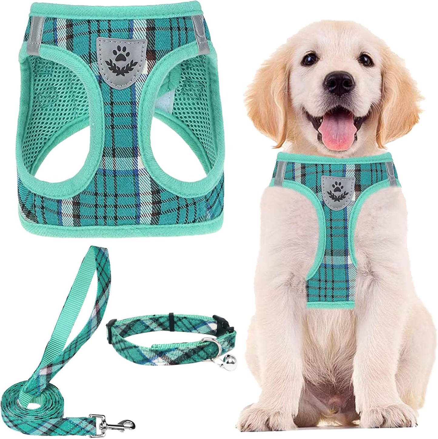PUPTECK Adjustable Dog Harness Collar and Leash Set Step in No Pull Pet Harness for Small Medium Dogs Puppy and Cats Outdoor Walking Running, Soft Mesh Padded Reflective Vest Harnesses