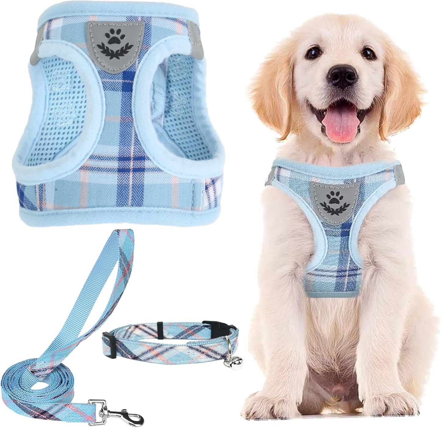 PUPTECK Adjustable Dog Harness Collar and Leash Set Step in No Pull Pet Harness for Small Medium Dogs Puppy and Cats Outdoor Walking Running, Soft Mesh Padded Reflective Vest Harnesses