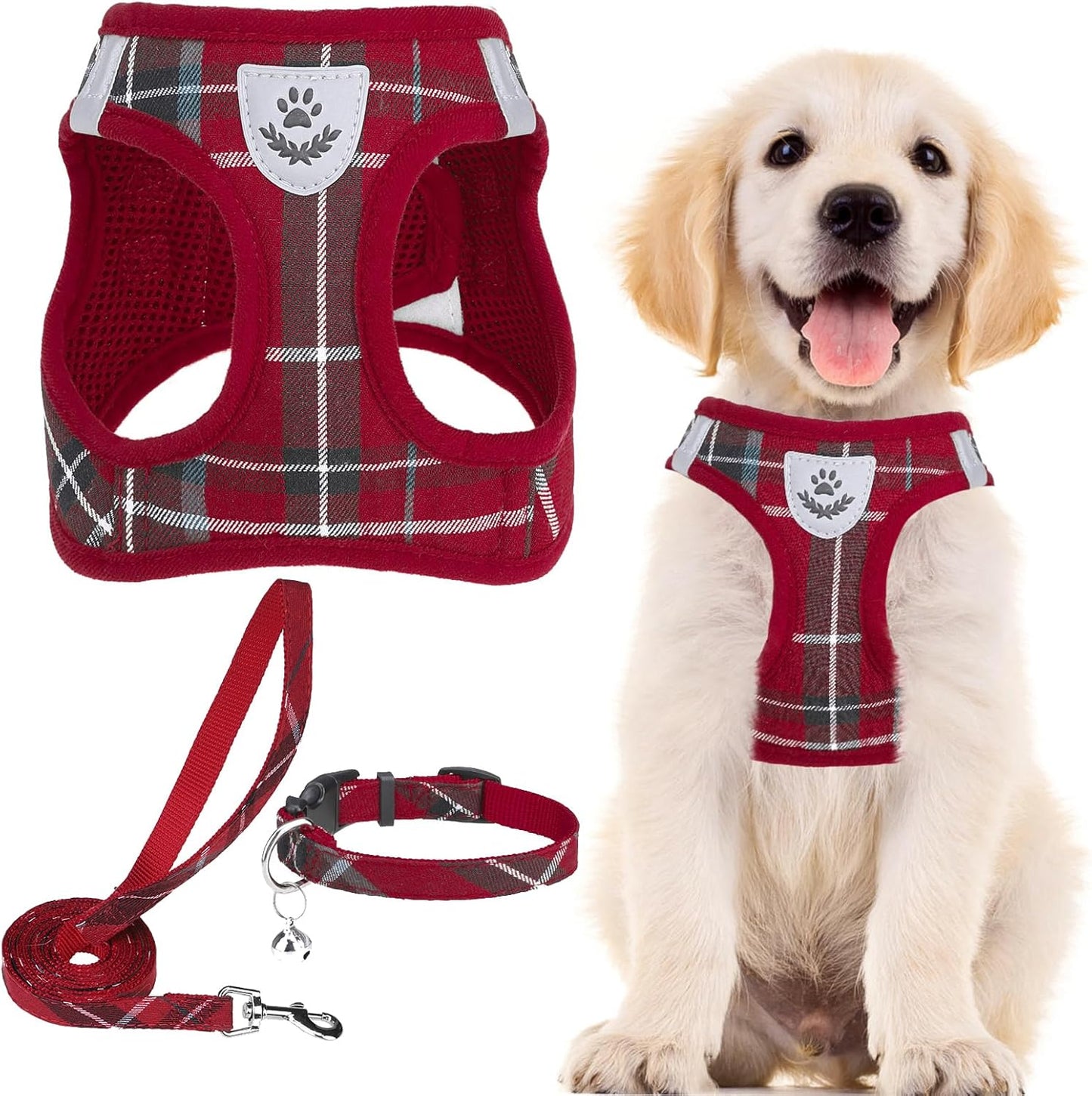 PUPTECK Adjustable Dog Harness Collar and Leash Set Step in No Pull Pet Harness for Small Medium Dogs Puppy and Cats Outdoor Walking Running, Soft Mesh Padded Reflective Vest Harnesses