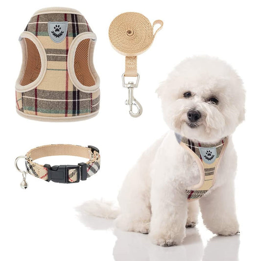Adjustable Pet Harness Collar and Leash Set with Classic Plaid Pattern